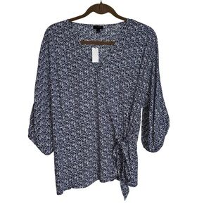 Talbots Women's Navy White Patterned Faux Wrap Blouse Large